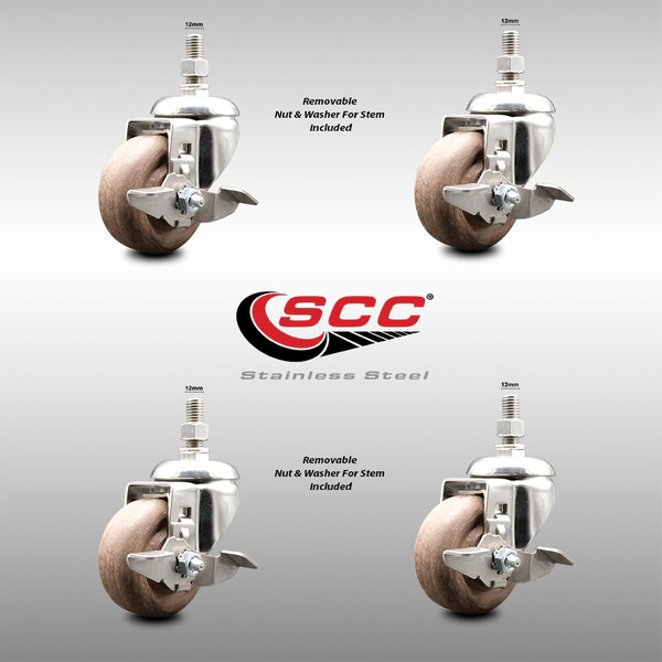 Service Caster 3.5 Inch 316SS High Temp Glass Filled Nylon 12mm Stem Caster Set Brake SCC SS316TS20S3514-GFNSHT-TLB-M1215-4 - main
